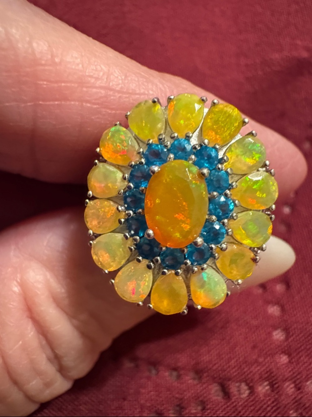 Size 6 Opal and Neon Apatite Floral Statement Ring